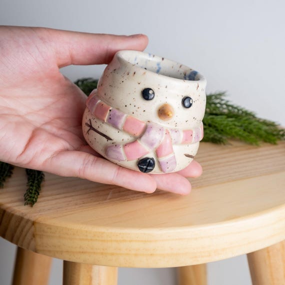 Handmade Snowman Shot Glass: Sculpted Scarf, Carrot Nose, Speckled Clay