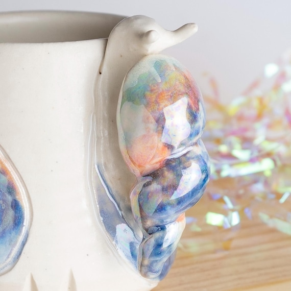 Handmade Snail Mug: Mother of Pearl Luster, Sculpted Handle