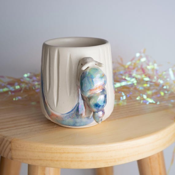 Handmade Snail Mug: Mother of Pearl Luster, Sculpted Handle, Cottagecore Decor