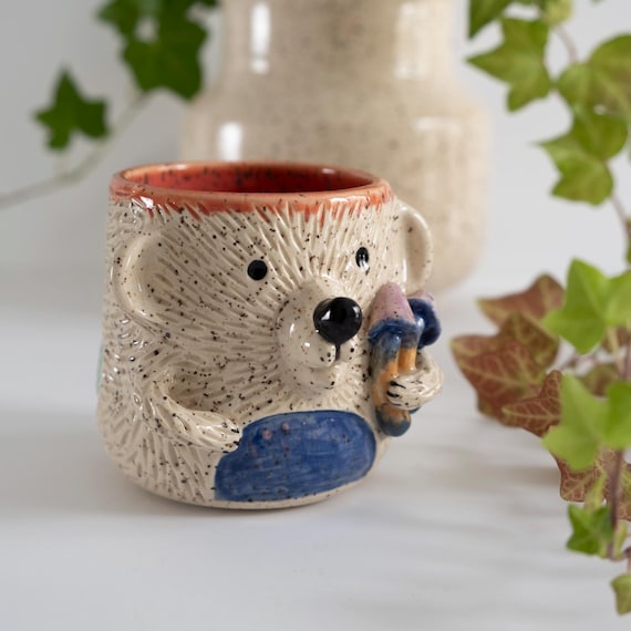 Faux Fur Carved Bear Tumbler with Nubby Arms and 2 Magic Mushrooms | Carved Minimal, Whimsical Pottery, Ergonomic, Pink