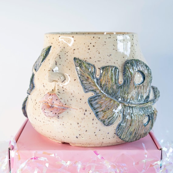 Sculpted Monstera Goddess Planter: Hand-Carved Ceramic Pottery Vase