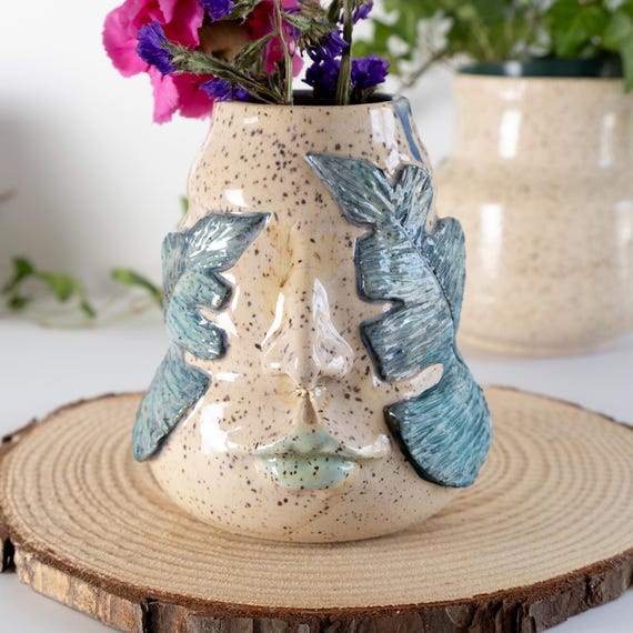 BLEMISHED - Pouty Sculpted Monstera Goddess Bubble Planter or Vase with Colorful Drippy Glaze | Carved Botanical Ceramic Pottery