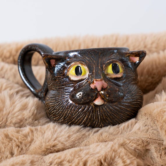 MUG - Handmade Black Cat Glitter Bubble Coffee Cup 7.5 Ounces