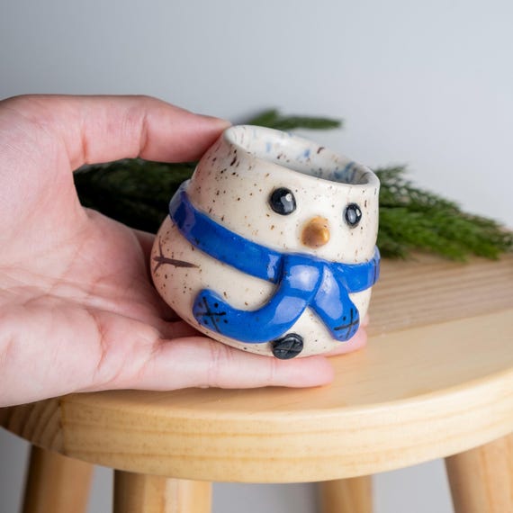 Handmade Snowman Shot Glass: Sculpted Ceramic with Striped Scarf
