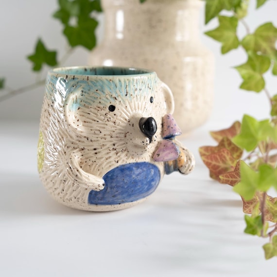 Carved Bear Pottery Tumbler: Faux Fur, Magic Mushrooms, Turquoise Accent