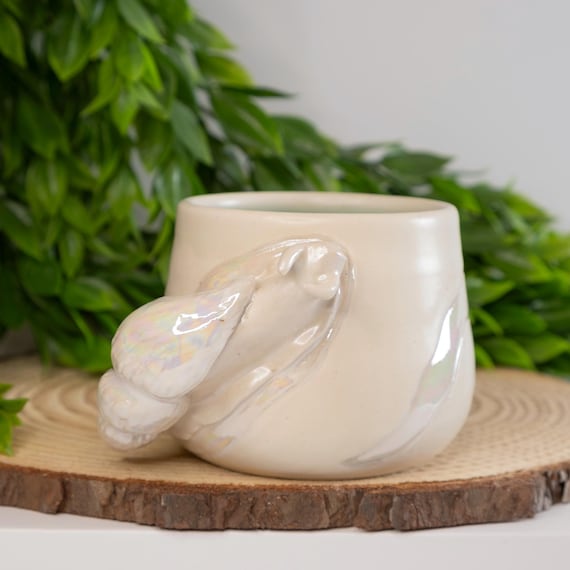 MUG - Plump and Juicy Snail Trail with Sculpted Handle | Mother of Pearl Luster, Cottage Core, Whimsical, Botanical, Quirky, Iridescent