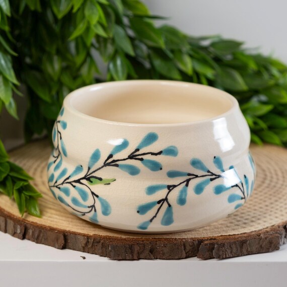Handmade Ceramic Planter: Teal Blue Botanical Design, Drainage Hole