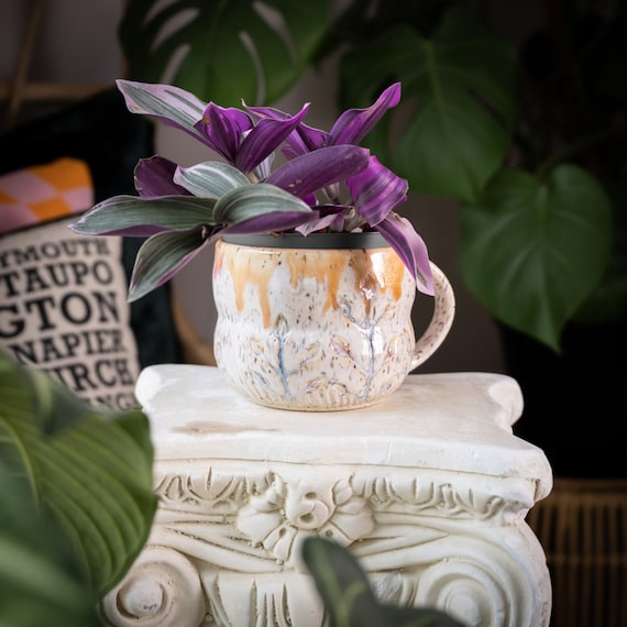 Carved Mug Planter with a Leafy Botanical Design | Pink, White, Orange, Creamiscle - NOT FOOD SAFE