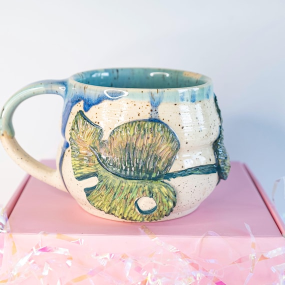 Sculpted Monstera Leaf Mug: Whimsical Carved Pottery - Blue & Green