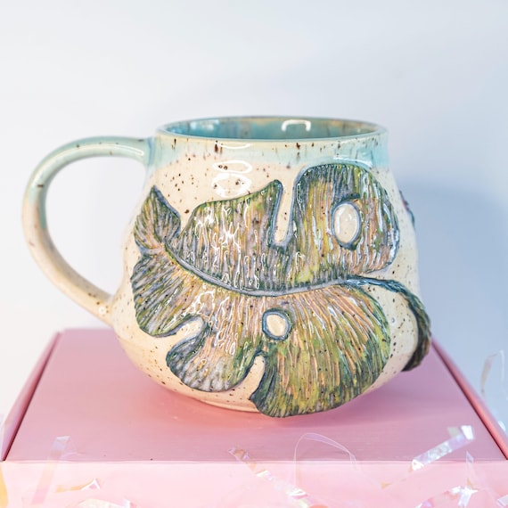 Sculpted Monstera Leaf Mug: Whimsical Carved Pottery, Pink Blue Green