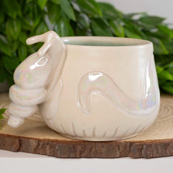 Handmade Snail Mug: Mother of Pearl Luster, Cottagecore Ceramic