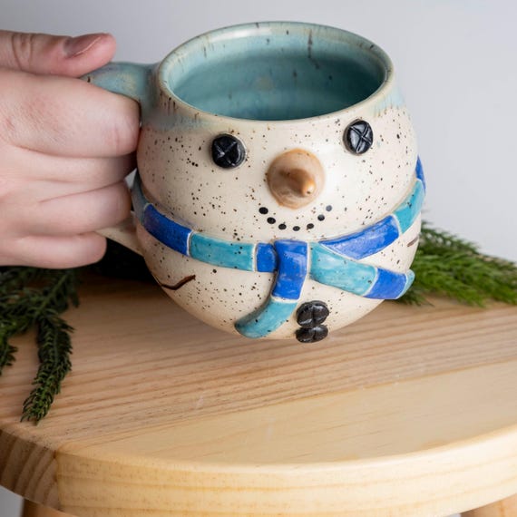 Handmade Snowman Mug: Oversized Ceramic Coffee Cup with Turquoise and Indigo Blue Stripe Scarf