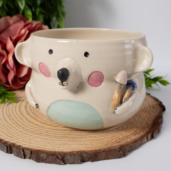 Handmade Ceramic Bear Planter: Cottagecore Mushroom Decor