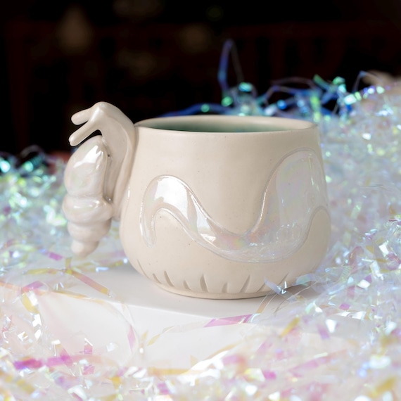 MUG - Plump and Juicy Snail Trail with Sculpted Handle | Mother of Pearl Luster, Cottage Core, Whimsical, Botanical, Quirky, Iridescent Slug
