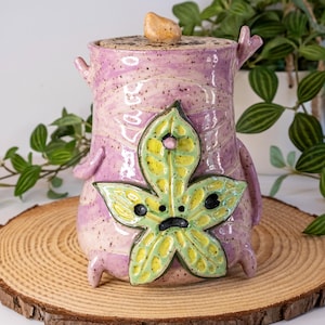 JAR: Carved Purple Korok Seed with Lid & Leaf Face | Handmade Ceramic Pottery Zelda Ya-Ha-Ha!