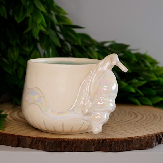 Handmade Snail Mug: Mother of Pearl Luster, Cottagecore Ceramic