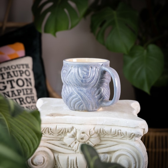 Periwinkle Purple Blue Carved Coffee & Tea Mug with Abstract Organic Pattern