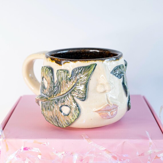 Handmade Pottery Mug: Sculpted Botanical Goddess with Glitter Glaze