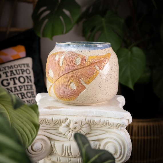 Large Plant Jug / Vase with 1 Carved Monstera Leaf Sprig Pink Smoothie Tropical