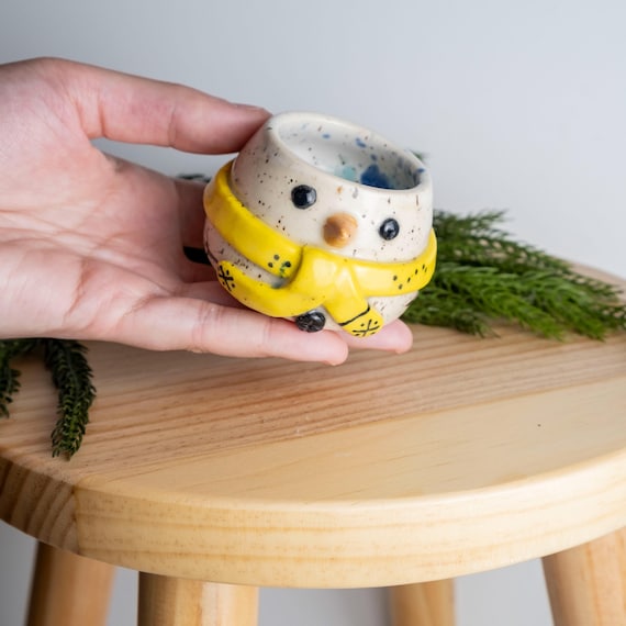 Handmade Snowman Shot Glass: Sculpted Scarf, Carrot Nose