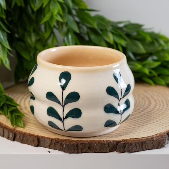 Handmade Ceramic Planter: Teal Botanical Design, Drainage Hole