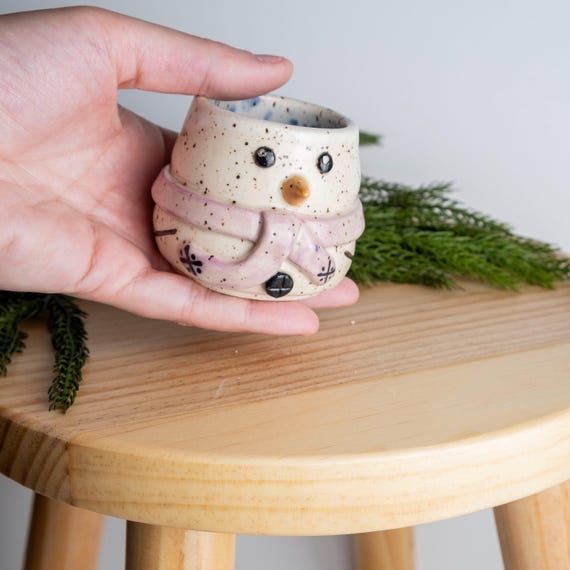 Handmade Snowman Shot Glass: Sculpted Scarf, Carrot Nose, Charcoal Details