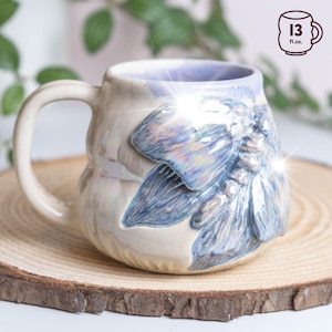 MUG - Handmade Fuzzy Purple Sculpted Moth Bubble Coffee Cup 13oz Mother of Pearl Luster
