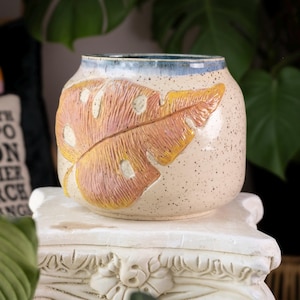 Large Plant Jug / Vase with 1 Carved Monstera Leaf Sprig Pink Smoothie Tropical