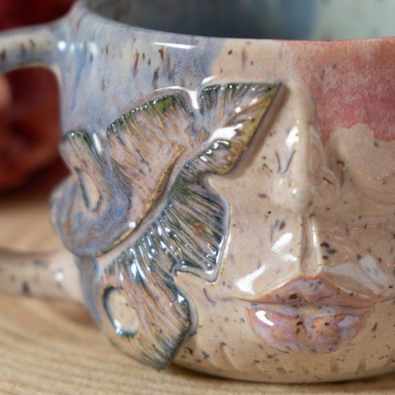 Pouty Botanical Goddess Sculpted Monstera Leaf Oversized Mug with Colorful Glaze Pottery Pink Periwinkle