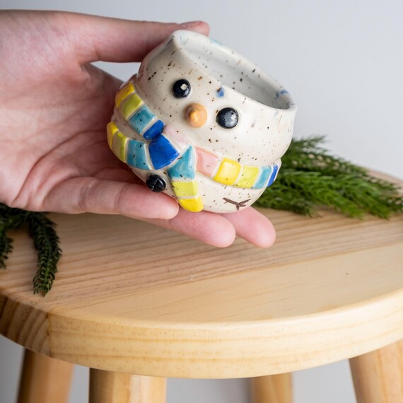 Handmade Snowman Shot Glass: Sculpted Ceramic with Rainbow Scarf