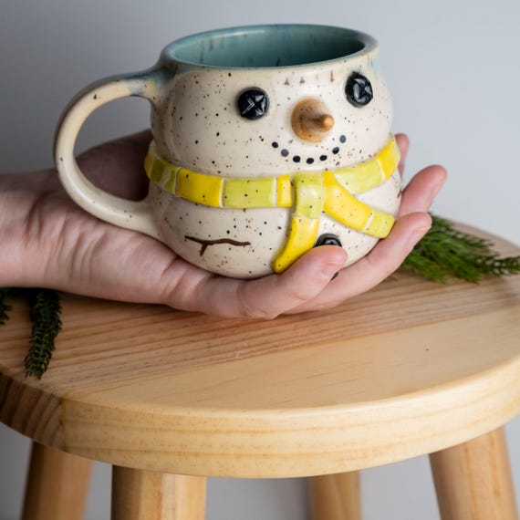 Handmade Snowman Mug: Oversized Ceramic Coffee Cup with Yellow and Green Stripe Scarf