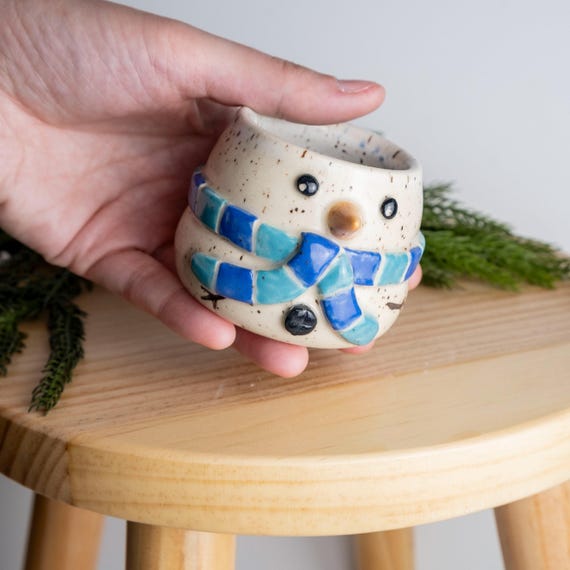 Handmade Snowman Shot Glass: Sculpted Scarf, Carrot Nose, Charcoal Details