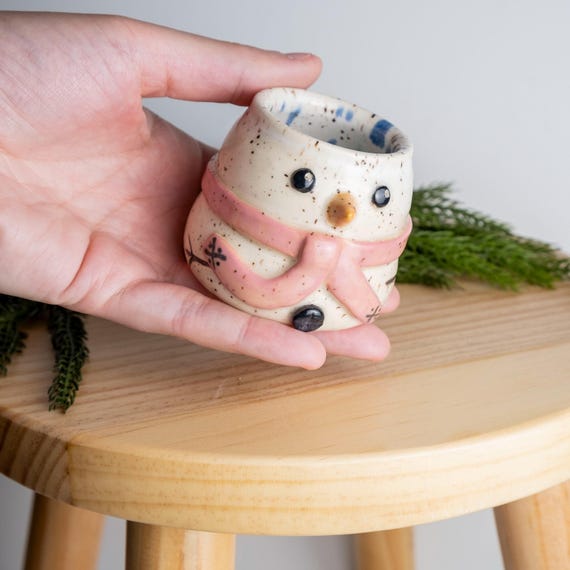 Handmade Snowman Shot Glass: Sculpted Ceramic with Pink Scarf
