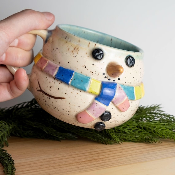 Handmade Snowman Mug: Oversized Ceramic Coffee Cup with Rainbow Scarf