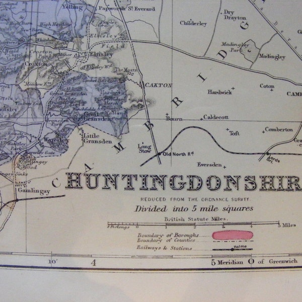1884 Huntingdonshire England Original Hand Colored Map George Bacon Ordnance Survey