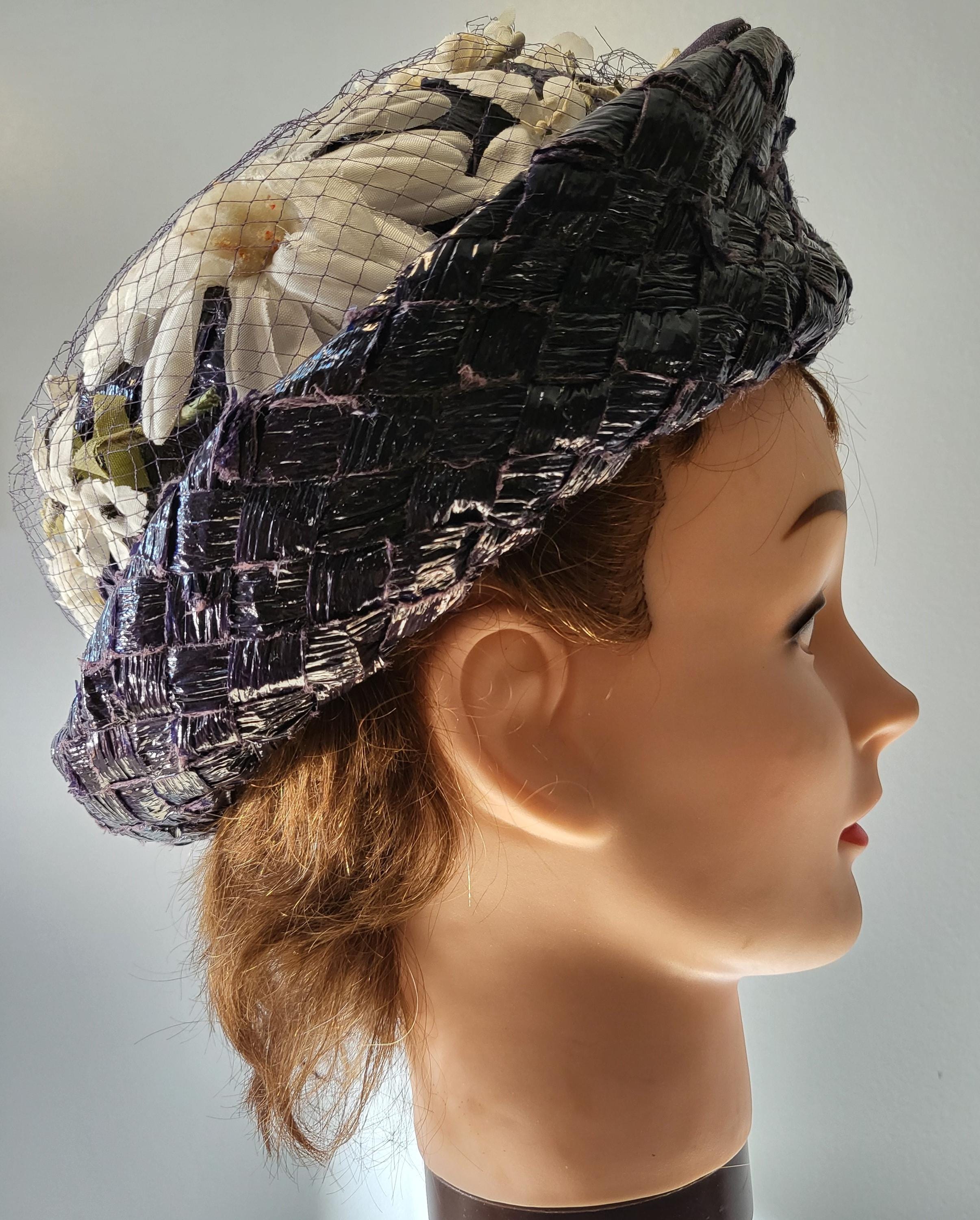 Vintage Dark Blue Straw Hat: Floral Netting, Navy Ribbon 