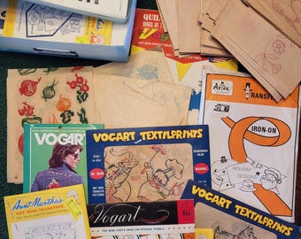 Embroidery Estate Stash of Vintage Transfer Patterns and 5 NOS Towels