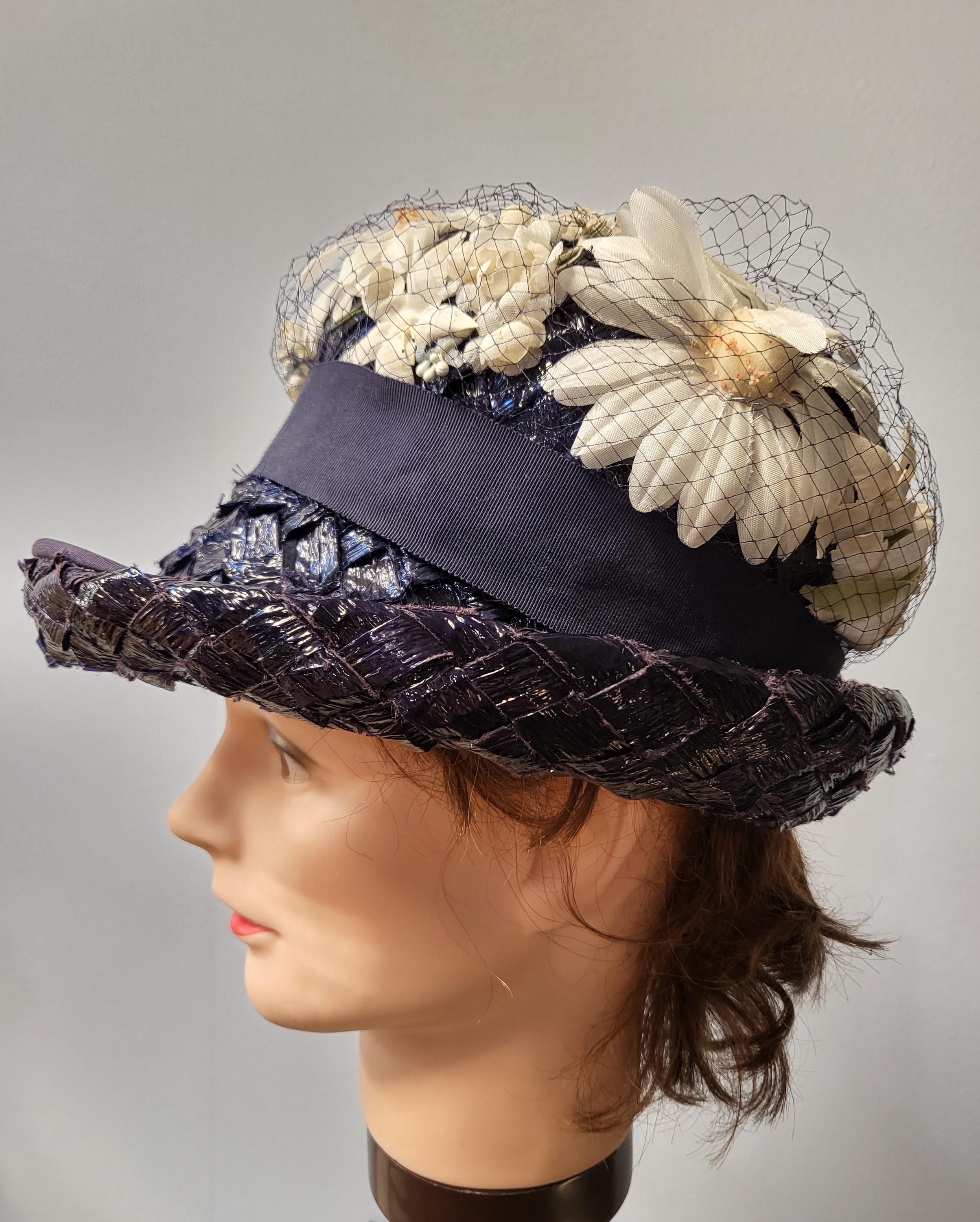Vintage Blue Straw Hat Floral Accent Union Made Vintage Dark Blue Straw Hat: Floral Netting, Navy Ribbon  main image 2