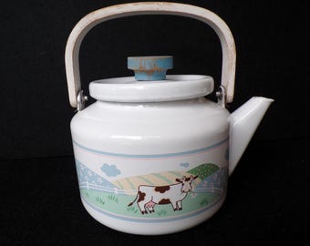 Vintage geëmailleerde koetheepot Meadow uit 1988 van National Housewares