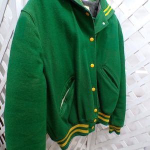 Chaqueta vintage de lana con letras/letra de DeLong, talla 42, verde/dorada/Parker Vikings