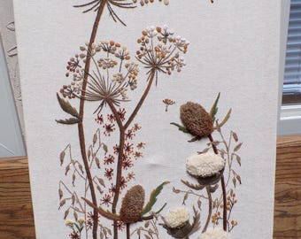 Large Queen Anns Lace / Fall Flower Scene Crewel Art
