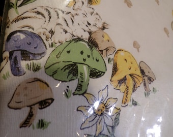 Vintage Vinyl Table Cloth Mushrooms / Kittens w/ Flannel Back