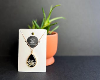 Queen Anne's Lace Pressed Flower Resin Necklace: Alaskan Wildflower Teardrop Pendant