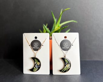 Bronze Moon Shape Alaska Pressed Flower Necklace: Alaska Wildflower Resin Pendant, Handmade Jewelry