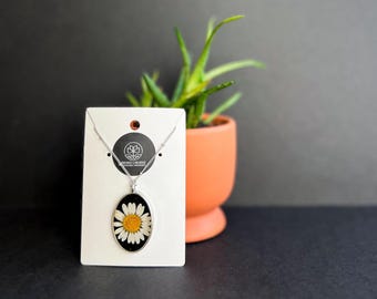 Real Alaska Pressed Daisy Flower Resin Necklace: Alaskan Wildflower Pendant, Handmade Jewelry