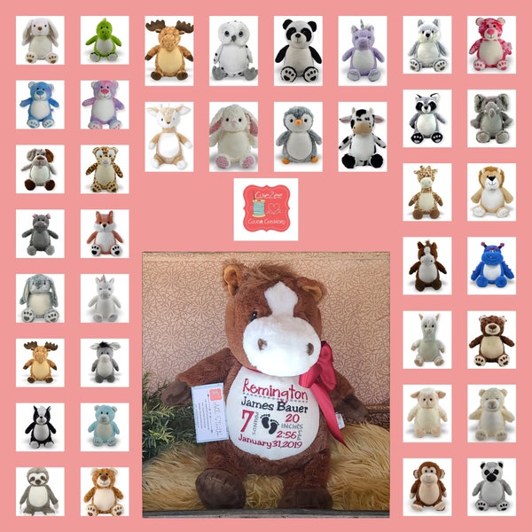 Personalized Horse, Personalized Stuffed Animal, Birth Announcement, Birth Stat Animal, Baby Gift, Embroidered Animal, Stuffed Toy, Plush