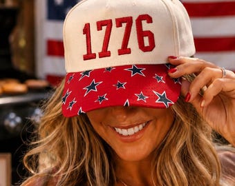 1776 Patriotic Trucker Hat | Embroidered America Hat | USA Flag Patchwork Brim Cap | Fourth of July Hat | Red White Blue Baseball Cap