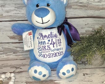 Faire-part de naissance personnalisé ours, peluche statistiques bébé personnalisée, nom du nouveau-né poids date peluche, cadeau de baby shower, ours souvenir