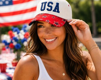 Patriotic Hat Baseball Cap Embroidered Usa Trucker Hat Fourth July Summer Outfit America Hat Red White and Blue Star Brim Structured