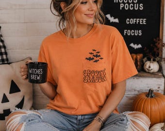 Spooky Season Pocket Shirt | Embroidered Bat Comfort Colors Tee | Halloween Shirt for Women | Cute Fall Shirt | Pumpkin Patch Tee